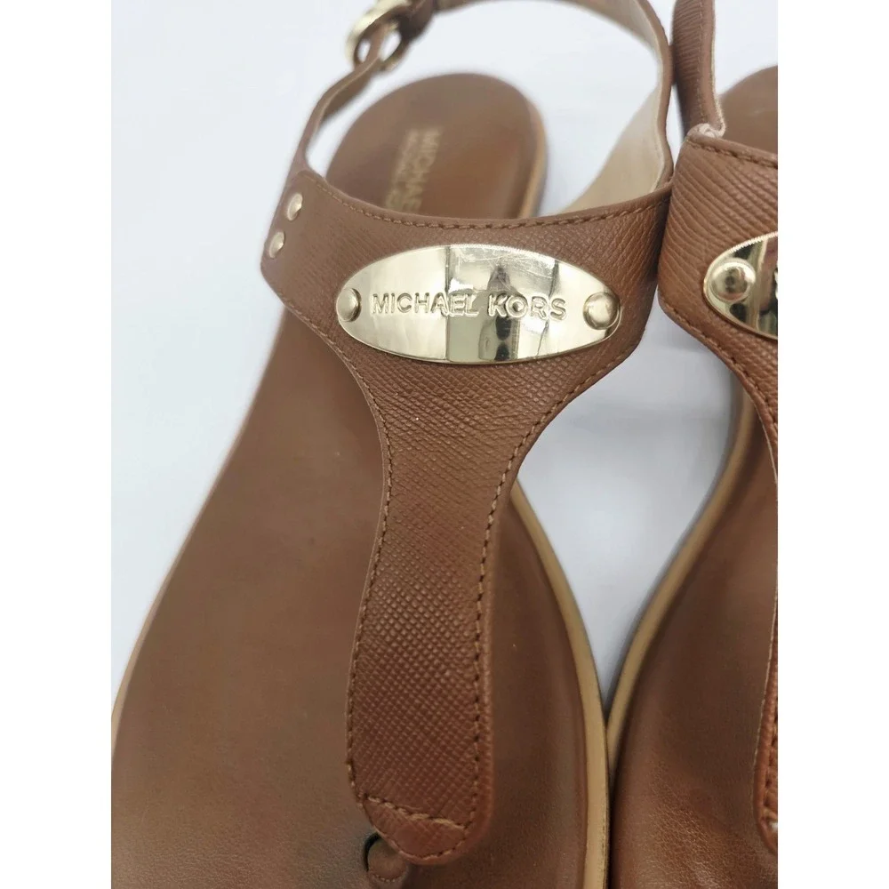 Michael Kors MK Plate Brown Leather Thong Sandals Flats Luggage size 7M